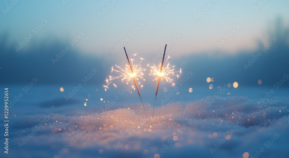 Aufkleber beautiful sparkler fireworks glowing in the snowy winter landscape at dusk with soft bokeh effect an