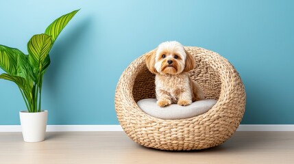Fototapeta premium Cute Small Dog Sitting on Stylish Rattan Chair in Bright Interior