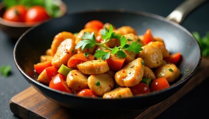Sizzling chicken and mixed vegetables wok stir-fry, cooking, fast food, cuisine