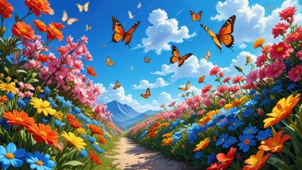 A vibrant spring scene with blooming flowers, butterflies, and a clear blue sky