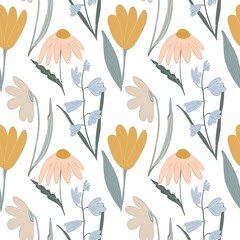 Pattern with spring first flowers on white background. Yellow tulip, daisy, snowdrop.