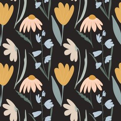 Pattern with spring first flowers on dark background. Yellow tulip, daisy, snowdrop.