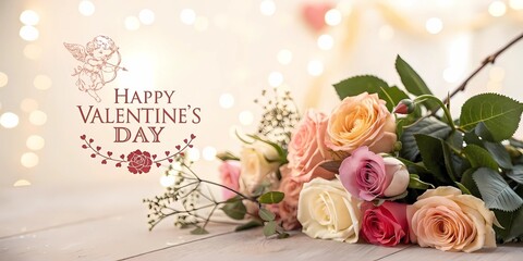 Romantic illustration with bokeh effect and text: "Happy Valentine's Day", delicate roses lie on a wooden surface on a blurred background with shades of pastel colors.