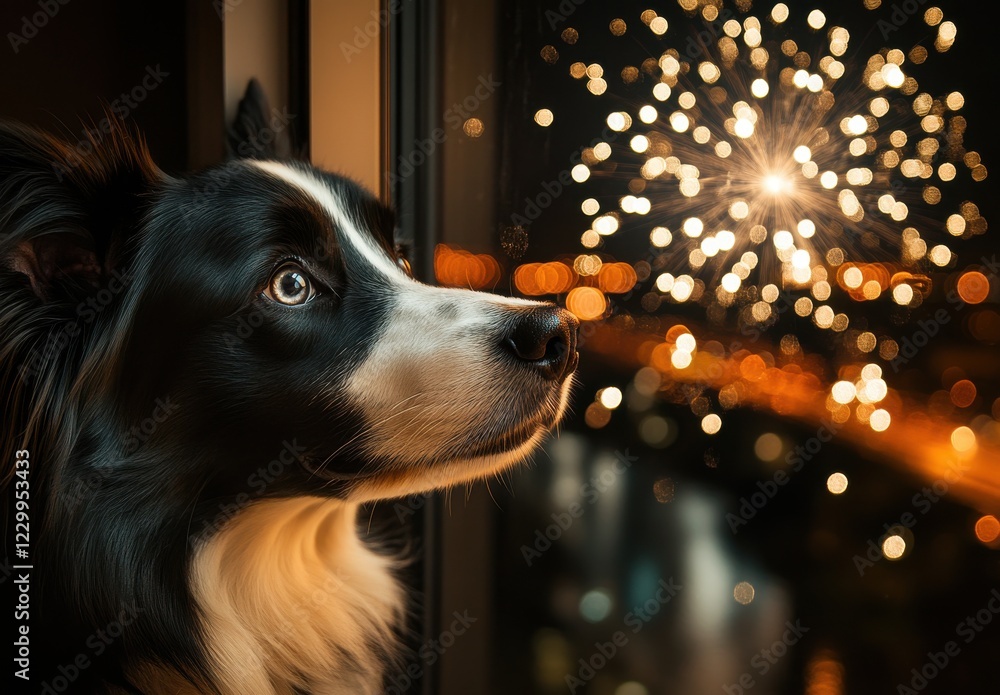 Poster black and white border collie gazing out of a window at colorful fireworks display illuminating the 