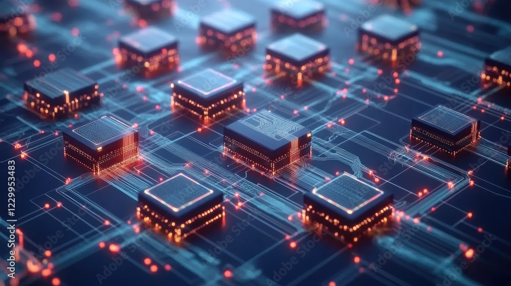 Poster a futuristic representation of blockchain technology with digital currency circuits on a blue backdr