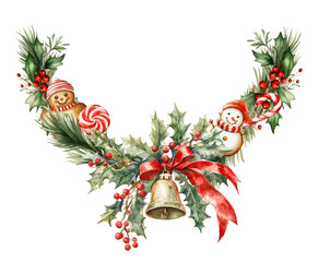 watercolor vector illustration christmas wreath with bells and Candy canes and ribbon,christmas bells with red ribbon,Merry Christmas,new year,Children's Day