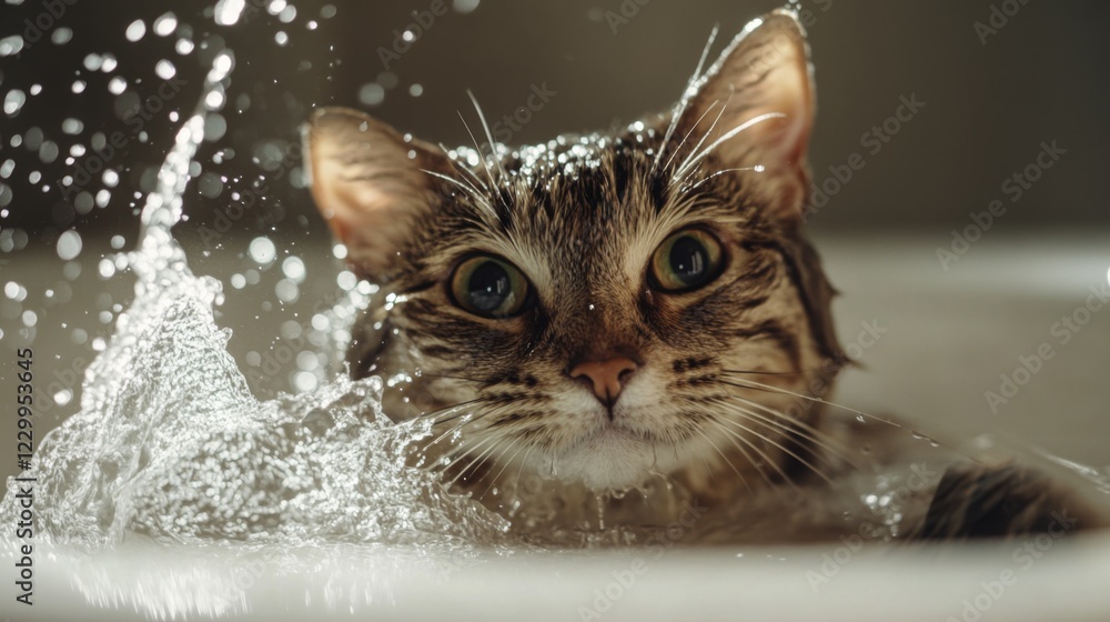 Poster A dynamic photo of a cat splashing water playfully while trying to escape the bath, emphasizing the amusing antics of pets during their grooming sessions.