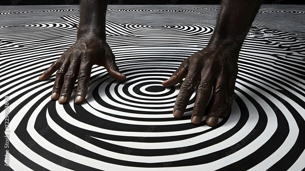 Poster dark hands gently touch a hypnotizing black and white swirling pattern, creating a captivating visua