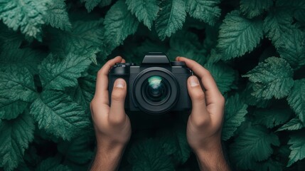 A pair of hands holds a camera amidst lush green foliage, symbolizing creativity and a connection with nature, This image is ideal for articles about photography, nature documentaries