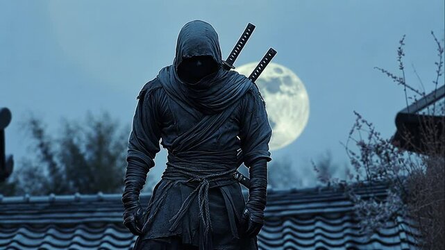 Mysterious ninja warrior standing on a rooftop under the moonlight, ready for action.