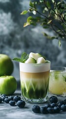 Refreshing Matcha Latte with Apple and Mint Garnish