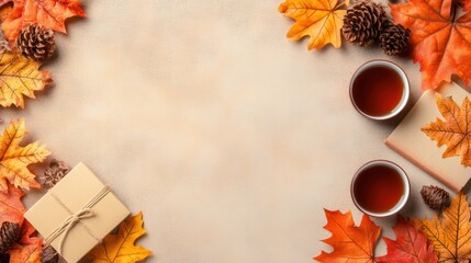 Warm autumn scene featuring orange leaves, pine cones, two cups of tea, and a gift box, perfect for seasonal promotions, cozy themes, or wellness content
