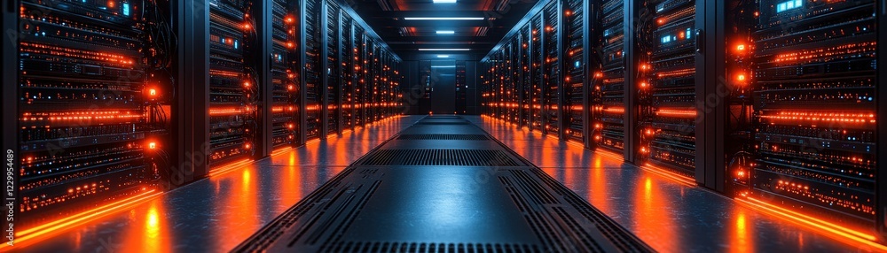 Poster long row of servers in a data center with multiple racks and blinking led lights