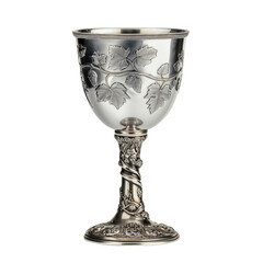 A luxurious silver goblet with intricate floral engravings and a reflective surface, exuding elegance and sophistication. Perfect for ceremonial and aristocratic settings.