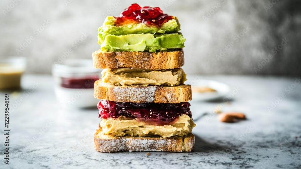 Poster A dynamic shot of a stack of toast with a variety of spreads, including avocado, peanut butter, and jam, set on a marble countertop, inviting a delightful brunch