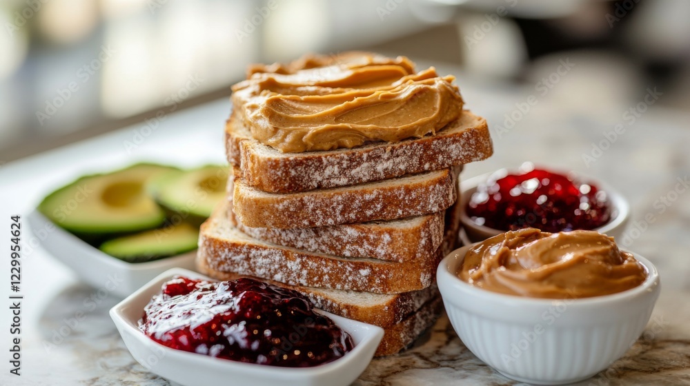 Poster A dynamic shot of a stack of toast with a variety of spreads, including avocado, peanut butter, and jam, set on a marble countertop, inviting a delightful brunch