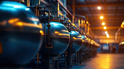 A row of large industrial compressed gas tanks in a factory setting, neatly arranged under bright lights.