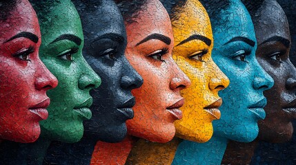Artistic mural featuring diverse faces with a message of racial harmony, colorful and meaningful design, 8K high resolution with copy space