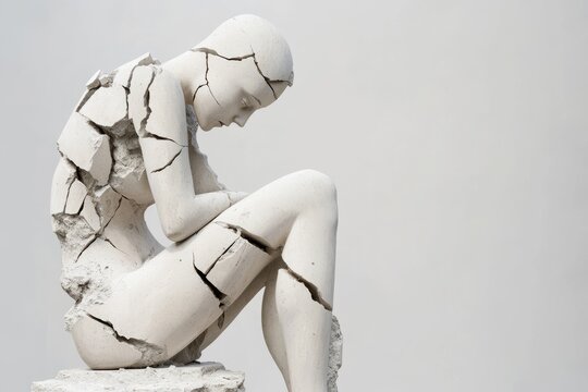 White crumbling stone statue representing osteoporosis and bone loss, conveying fragility and decay