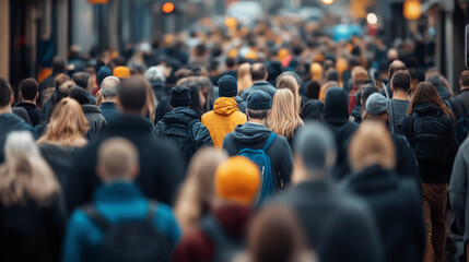 Obraz premium Diverse crowd navigating a bustling city street, surrounded by towering buildings, capturing the essence of urban life and daily commute in a metropolitan center