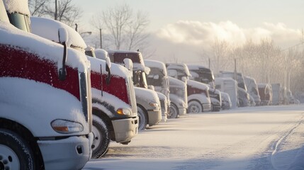 A row of parked semi-trailer trucks covered in snow during a cold winter morning.