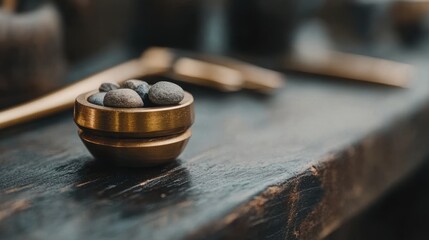 A close-up of a stylish golden bowl filled with smooth stones, set on a rustic wooden table, This image can be used for wellness, relaxation, or design themes emphasizing natural beauty,