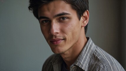 Fototapeta premium Mysterious young man with deep eyes and a confident gaze in soft lighting