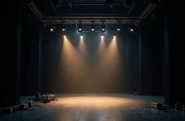 Stage with black and gold platform and golden lighting creating leading lines