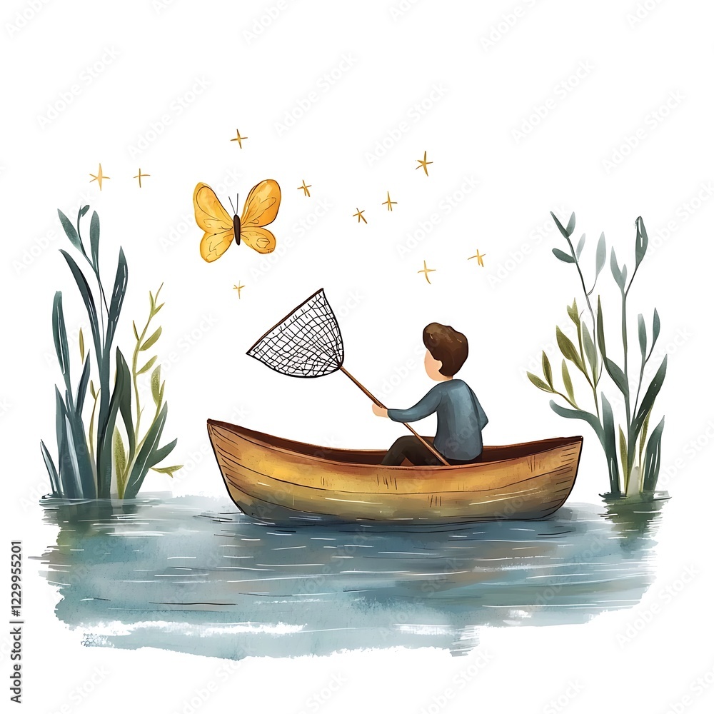 Wall mural Boy in a Boat Chasing a Butterfly.