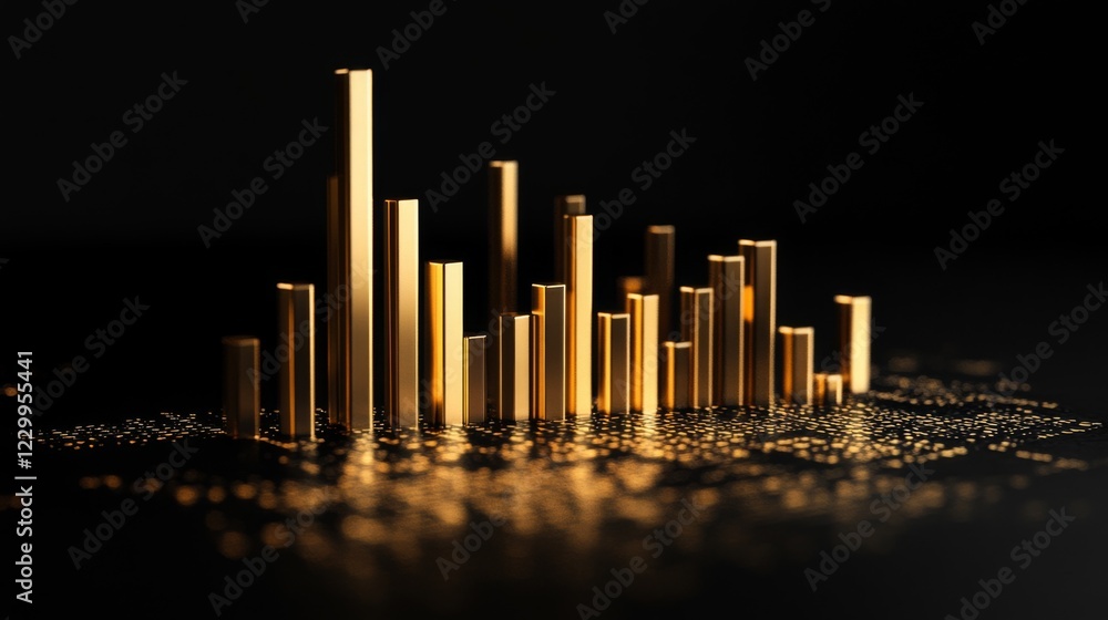 Poster a financial chart displaying gold price fluctuations with golden bars and a black background, castin