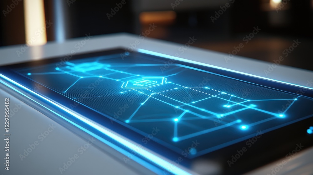 Poster A glowing D holographic display of a futuristic data network on a white surface.