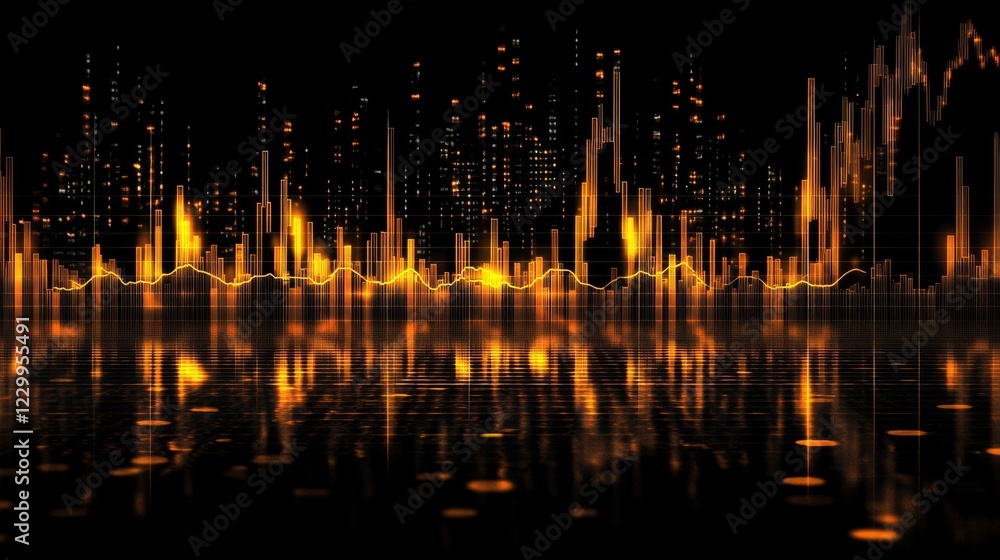 Poster a financial chart displaying gold price fluctuations with golden bars and a black background, castin