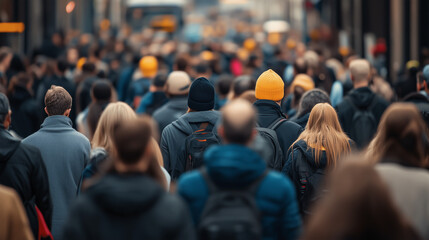 Diverse crowd navigating a bustling city street, surrounded by towering buildings, capturing the essence of urban life and daily commute in a metropolitan center