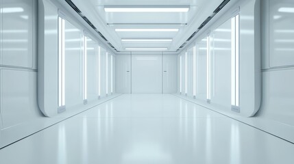 Futuristic white 3D-rendered data server room with glowing technology and sleek design