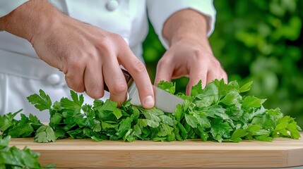 Close Up Of Chef's Hands Chopping Fresh Parsley On Wooden Cutting Board