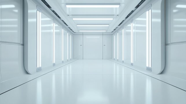 Futuristic white 3D-rendered data server room with glowing technology and sleek design