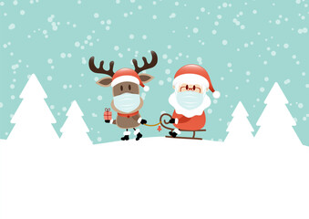 Karte Rentier Maske Zieht Schlitten Mit Santa Im Wald Türkis