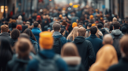 Diverse crowd navigating a bustling city street, surrounded by towering buildings, capturing the essence of urban life and daily commute in a metropolitan center