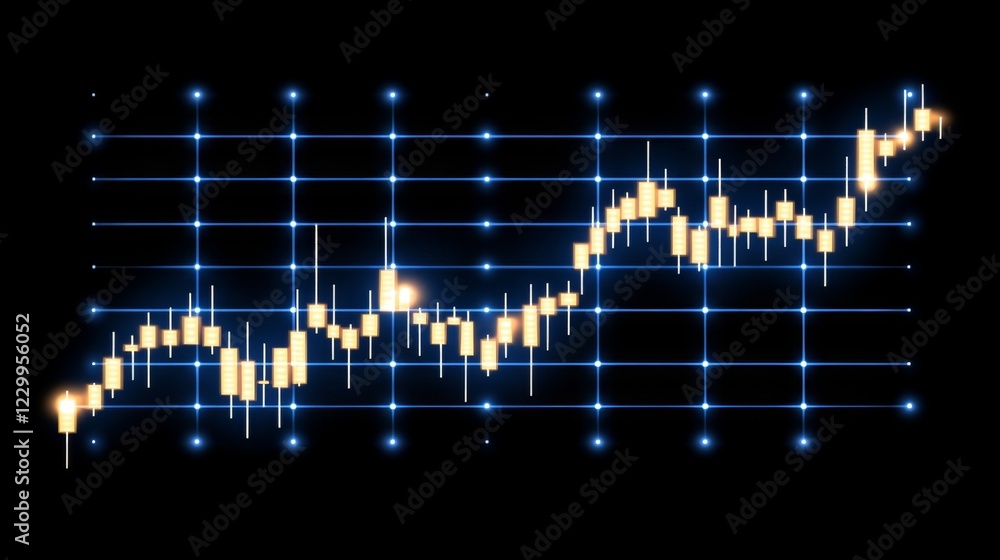 Poster a financial stock market graph with fluctuating lines and bar indicators, set against a deep blue ba