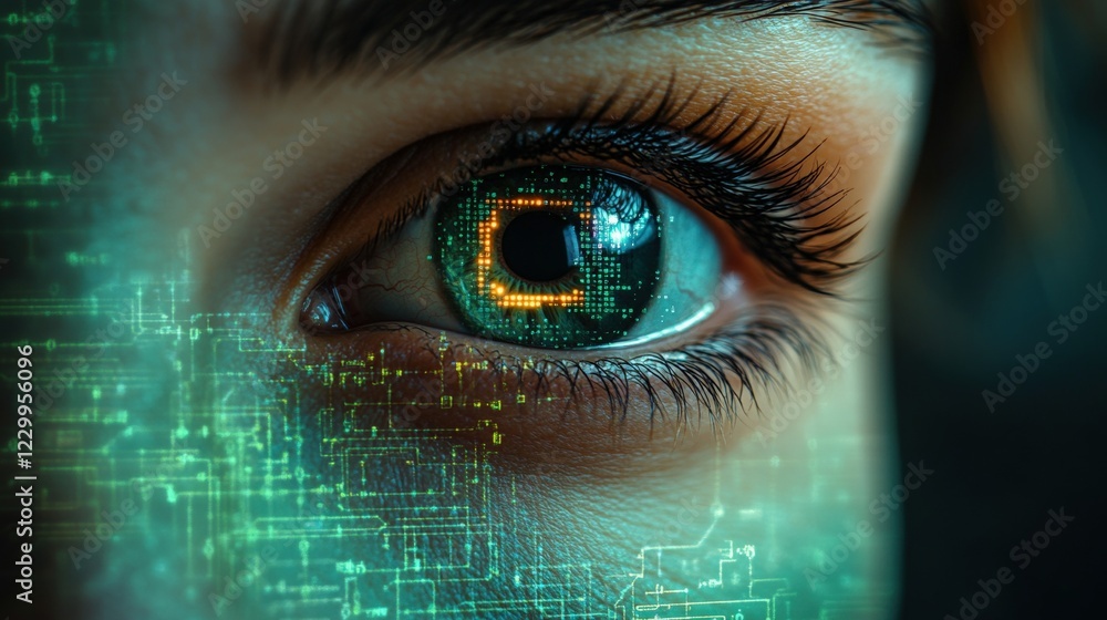 Poster close up view of a human eye with a digital interface overlay and glowing elements