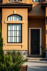 Fototapeta premium Modern House Exterior: Contemporary Home Design with Beige Facade and Black Door