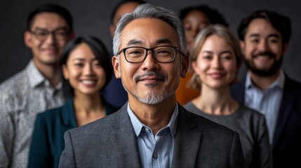 A diverse business team stands united, showcasing their unique backgrounds and talents. Smiles highlight teamwork and a positive atmosphere during an afternoon meeting in a modern office
