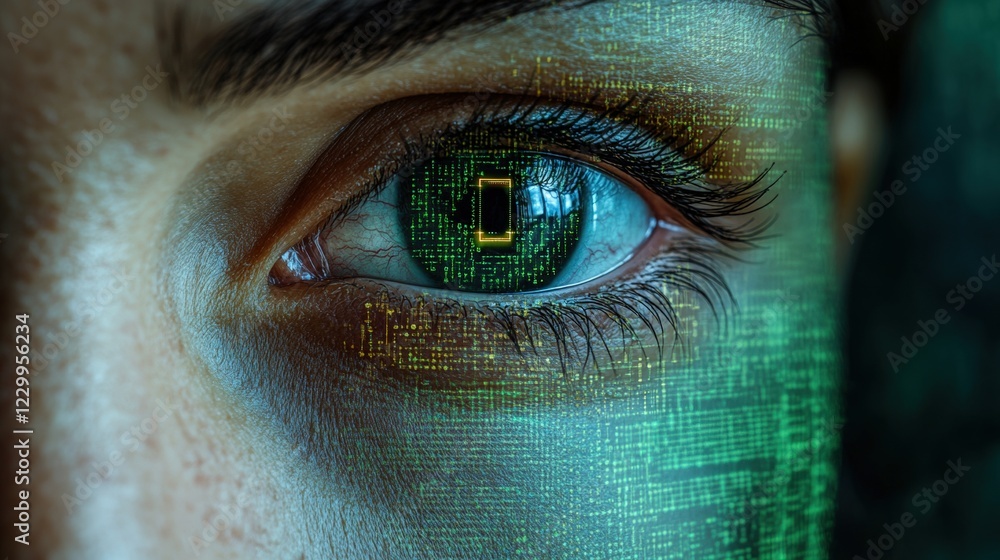 Poster close up of a human eye featuring a computer chip embedded in the pupil for technology and innovatio