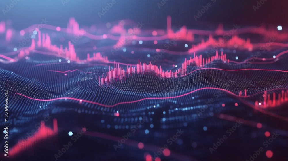 Poster A financial stock market graph with fluctuating lines and bar indicators, set against a deep blue background with glowing data points and gridlines