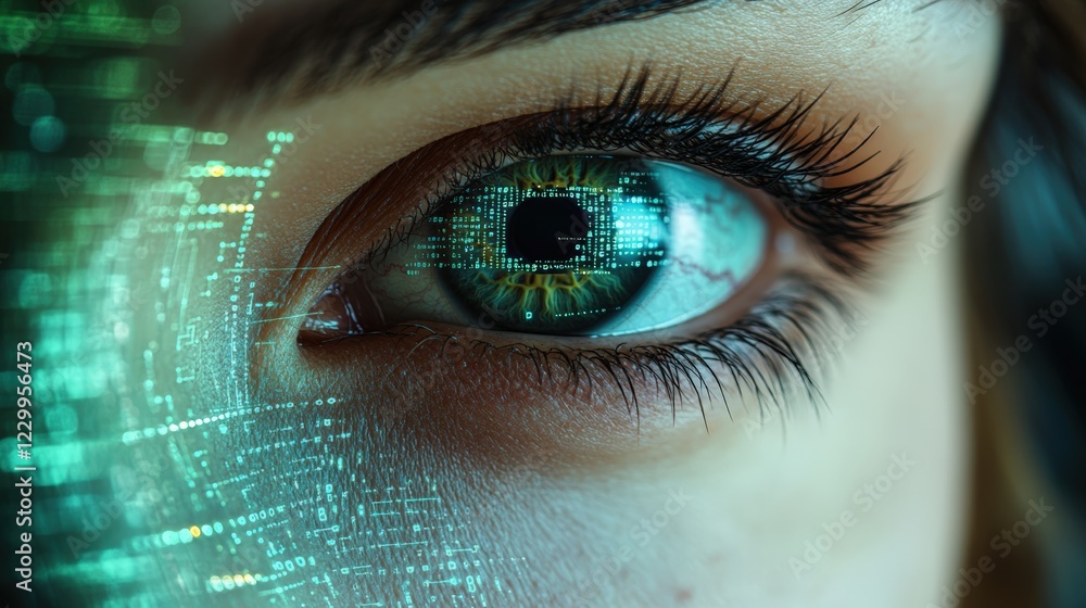 Poster close up of a human eye with digital technology elements and patterns in a futuristic style