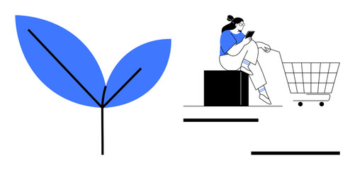 Naklejka premium Two blue stylized leaves and a woman on her phone leaning on a shopping cart. Ideal for growth, technology, shopping, lifestyle, sustainability, modernity, balance concepts. Black and white with blue