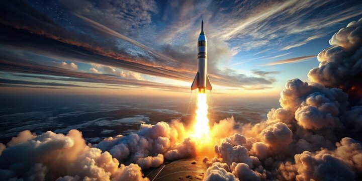 Aerial view of a ballistic launch rocket with flames and smoke on a dark sky background, illuminated by sunlight, space technology, astronomical object