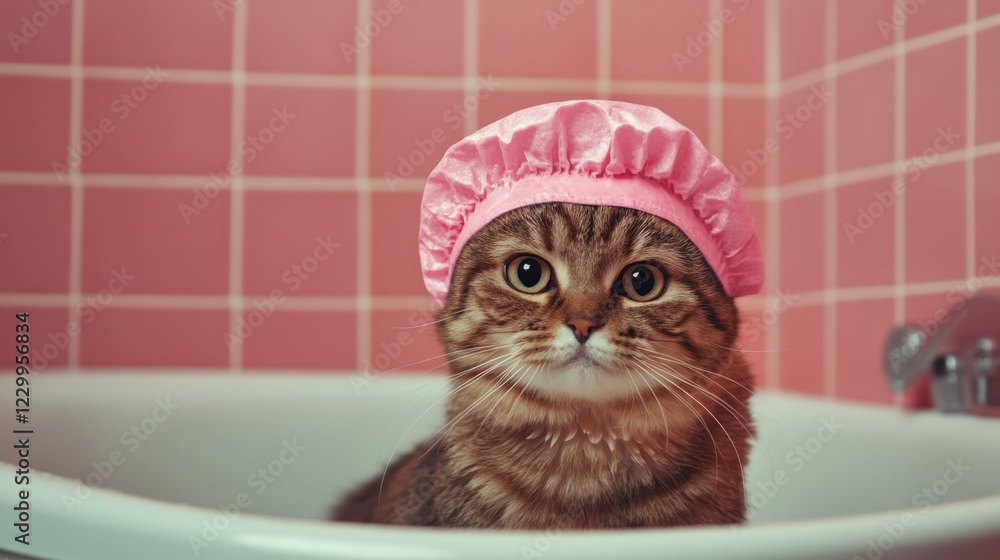 Poster a funny scene of a cat wearing a tiny shower cap while sitting in a bathtub, portraying the humor an