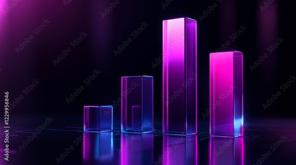 Aufkleber a futuristic d bar graph with glowing neon bars in purple and blue tones, positioned on a reflective