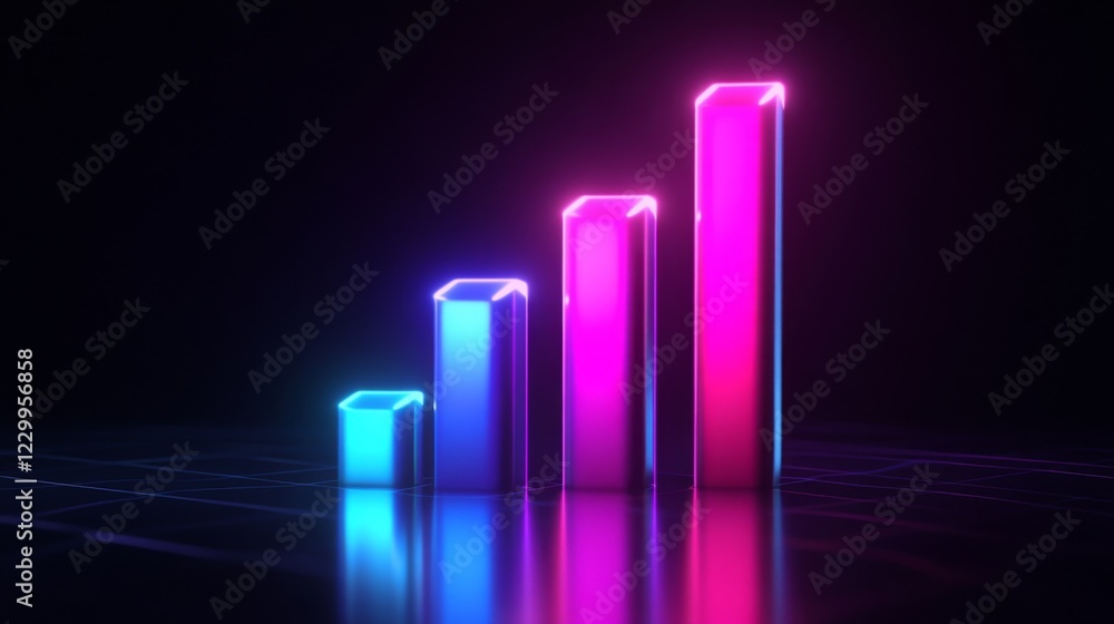Aufkleber a futuristic d bar graph with glowing neon bars in purple and blue tones, positioned on a reflective